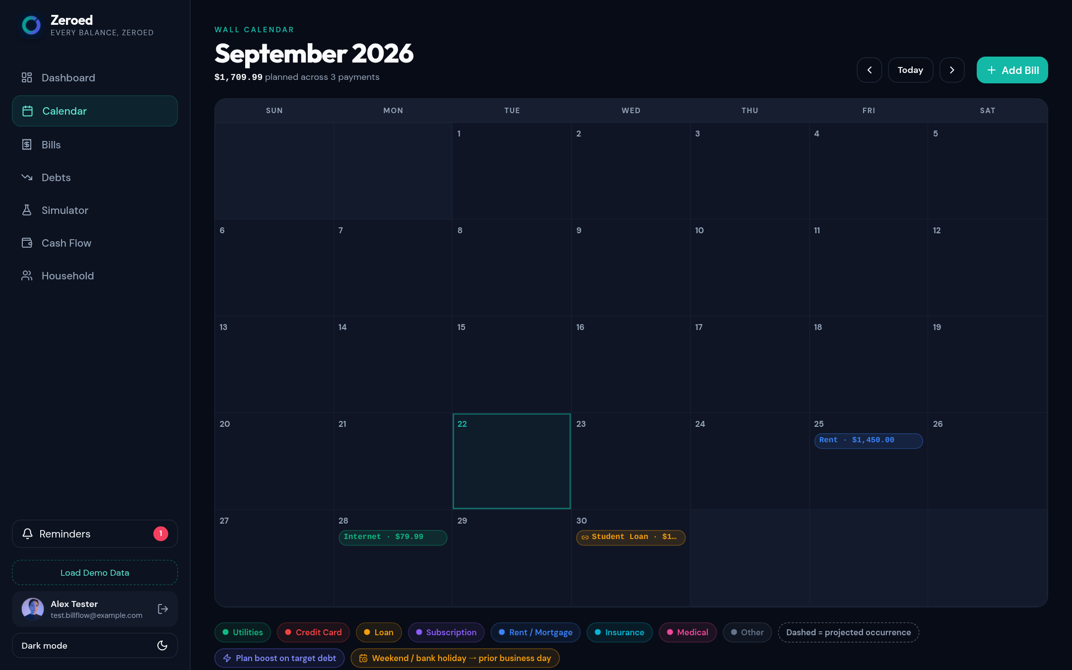 Wall calendar with color-coded bills and projected debt payments
